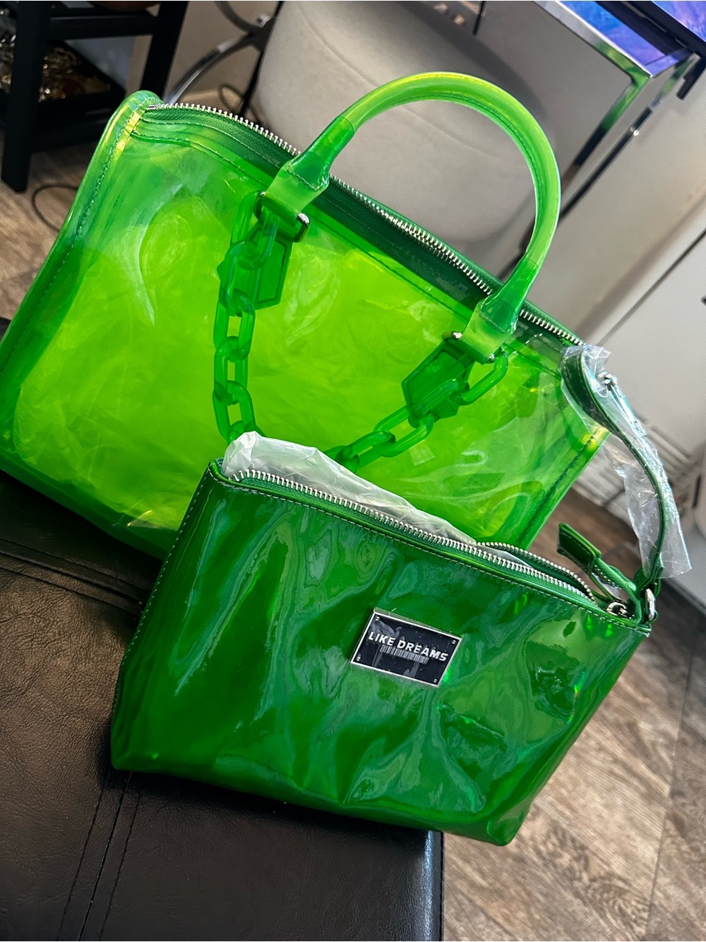 Like Dreams Neon Green Clear Tote with Matching Pouch